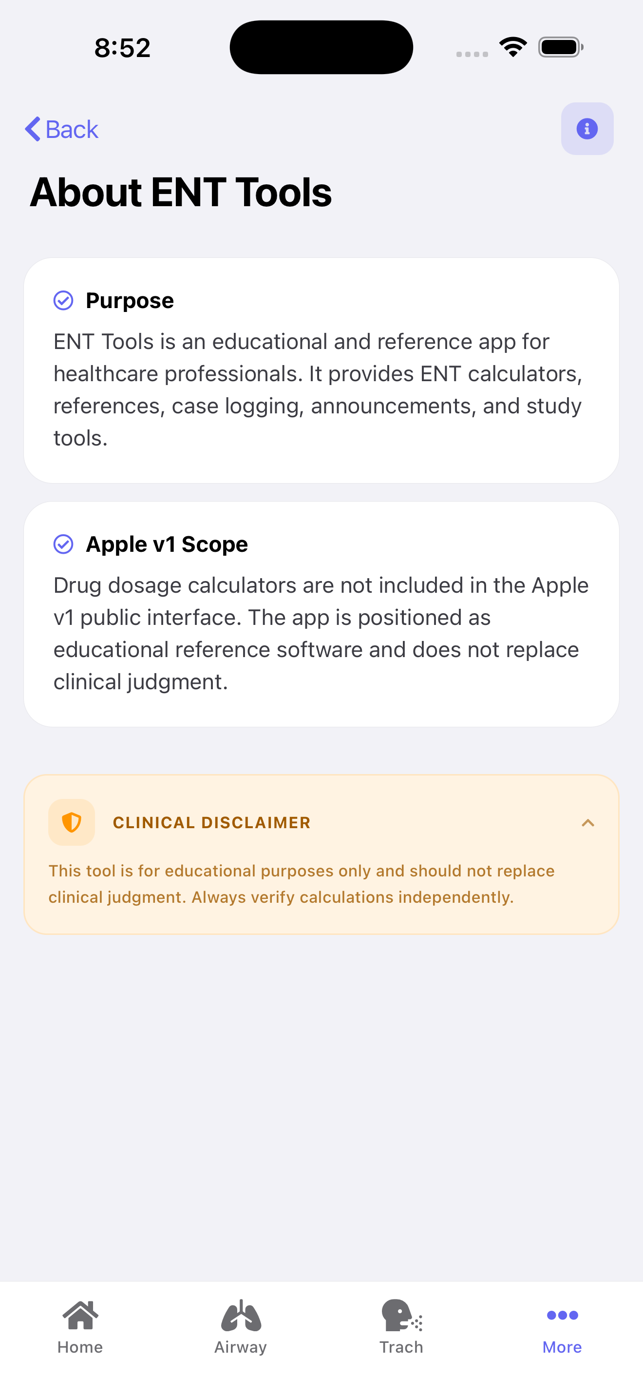 About ENT Hub screen